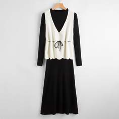 Трикотажный жилет на кулиске и вязаное платье в рубчик Shein