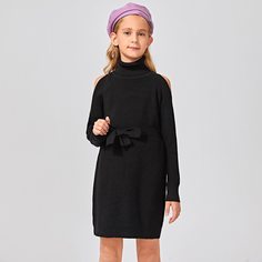 Платье-свитер с поясом и высоким воротником для девочек Shein