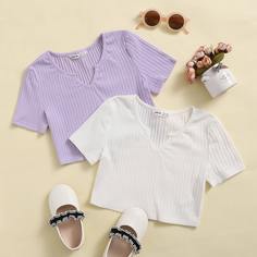 трикотажный Одноцветный Повседневный Футболки для девочек Shein