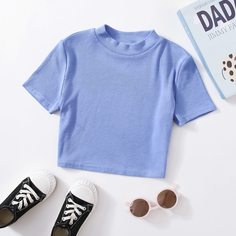 трикотажный Одноцветный Повседневный Футболки для девочек Shein