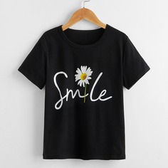 Футболка с текстовым и цветочным принтом для девочек Shein
