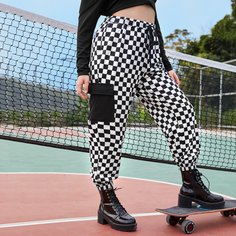 Карман Клетчатый Спортивный Брюки размер плюс Shein