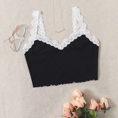 Короткий трикотажный топ с отделкой из кружева и салата в рубчик Shein