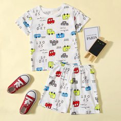 Шорты и футболка с принтом машины для мальчиков Shein