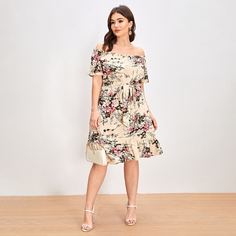 С оборками Цветочный Повседневный Платья размер плюс Shein