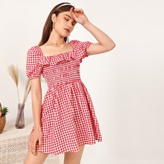 Платье в клетку с квадратным воротником Shein