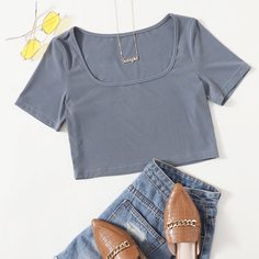 трикотажный Одноцветный Повседневный Футболки Shein