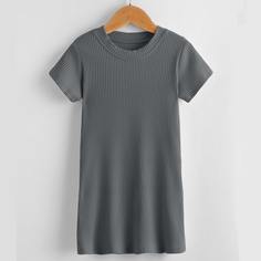 Однотонное платье-футболка с круглым воротником для девочек Shein