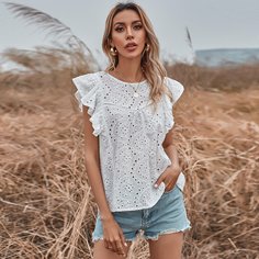 с оборками Одноцветный Бохо Блузы Shein