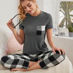 с карманами Клетка Повседневный Пижама Shein