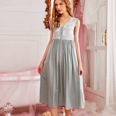 Ночная рубашка и халат с узлом, цветочной вышивкой Shein