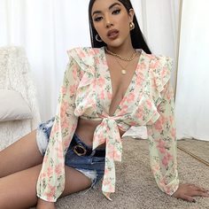 с оборками Со цветочками Сексуальный Женские топы Shein