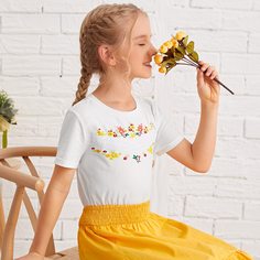 Контрастные кружева Цветочный Повседневный Футболки для девочек Shein