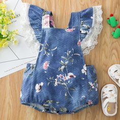 Джинсовое боди с сетчатой вышивкой для девочек Shein