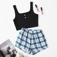 на пуговицах Клетка Повседневный Пижама Shein