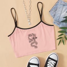 Топ с контрастной отделкой и принтом китайского дракона Shein