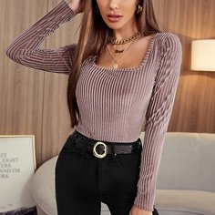 Вязаная бархатная футболка в рубчик Shein