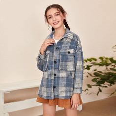 с карманами Клетчатый Повседневный Пальто для девочек Shein