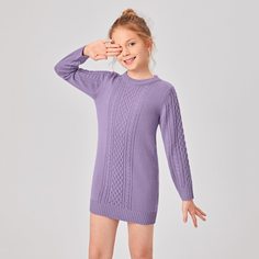 Одноцветный Повседневный Трикотажные платья для девочек Shein