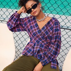 Пояс в клетку Повседневный Блузы Shein