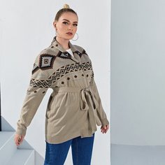 с поясом Геометрический принт Повседневный Кардиганы размер плюс Shein