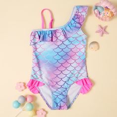 с оборками принт рыбьей чешуи милый Купальники для девочек Shein