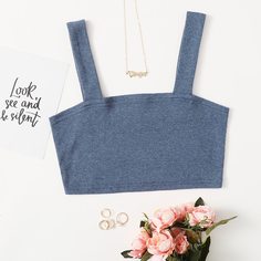 Однотонный короткий топ в рубчик на подтяжках Shein