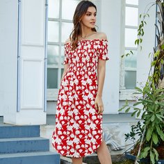 Платье с открытыми плечами и с цветочным принтом Shein