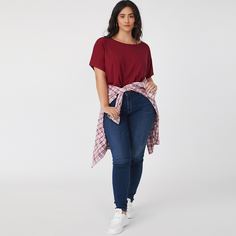 Одноцветный Повседневный Футболка размера плюс Shein