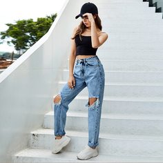 Рваные прямые джинсы с высокой талией Shein