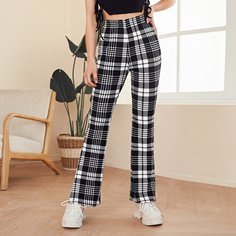 Брюки в клетку с разрезом Shein