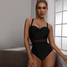 Слитный купальник на косточках с сетчатой вставкой Shein