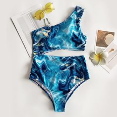 Слитный купальник на одно плечо с принтом Shein