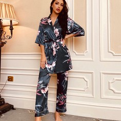 с поясом Цветочный принт Элегантный Комплект пижамы Shein