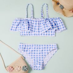 Преувеличенное кружево Клетка милый Купальники для девочек Shein