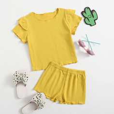 с оборками Одноцветный Повседневный Домашняя одежда для девочек Shein