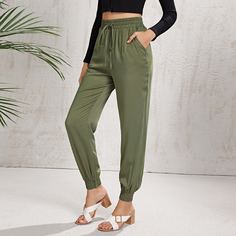 Карман Одноцветный Повседневный Брюки Shein