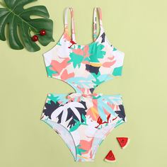 Слитный купальник с принтом листа для девочек Shein