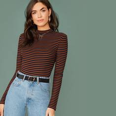 Вязаный полосатый облегающий топ с воротником-стойкой Shein