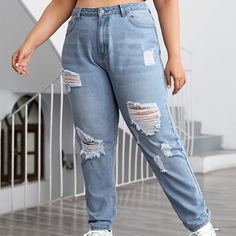 Рваные джинсы размера плюс с высокой талией Shein