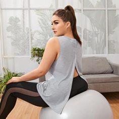 Разрез Одноцветный Спортивные топы размера плюс Shein