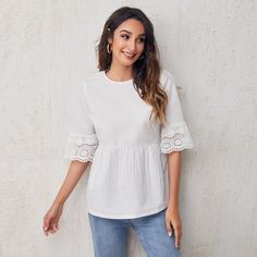 с оборками Одноцветный Бохо Блузы Shein