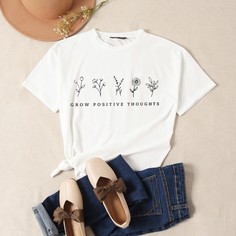 Цветочный Повседневный Футболки Shein