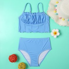 Оборка Одноцветный милый Купальники для девочек Shein