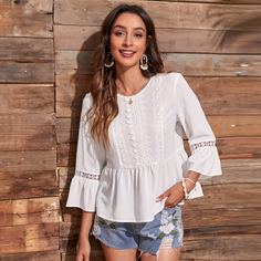 С оборками Одноцветный Бохо Блузы Shein