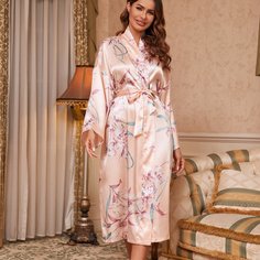 Атласный ночной халат с поясом и цветочным принтом Shein