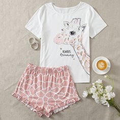 С оборками Животный милый Пижама Shein