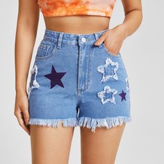 Карман Геометрический Джинсовые шорты Shein