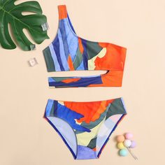 с разрезом Контрастный цвет Бохо Купальники для девочек Shein