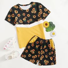 Шорты и футболка с принтом подсолнуха для девочек Shein